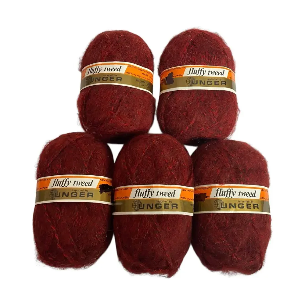 Unger Fluffy Tweed Yarn Red 714 Acrylic France Lot 5 Skeins Vintage DIY Kit